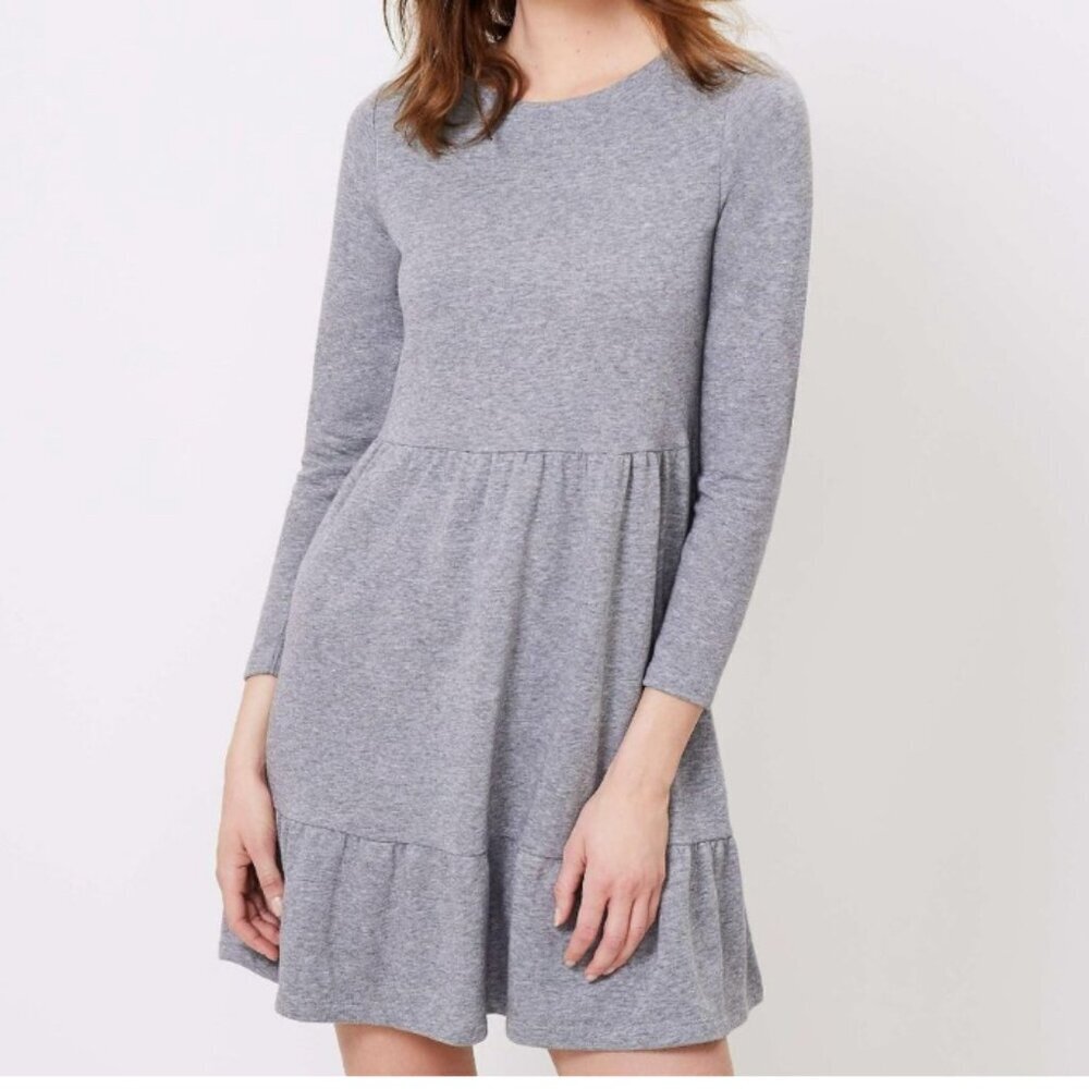 LOFT Long Sleeve Grey Tiered Sweatshirt Dress, Size Large Petite - Picture 4 of 7